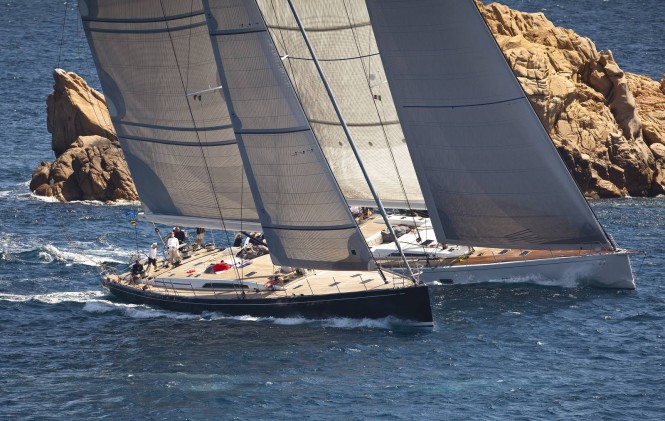 Photo courtesy of Superyacht Media : Cape Arrow (blue hull) and Kiboko (white hull) racing in Sardinia