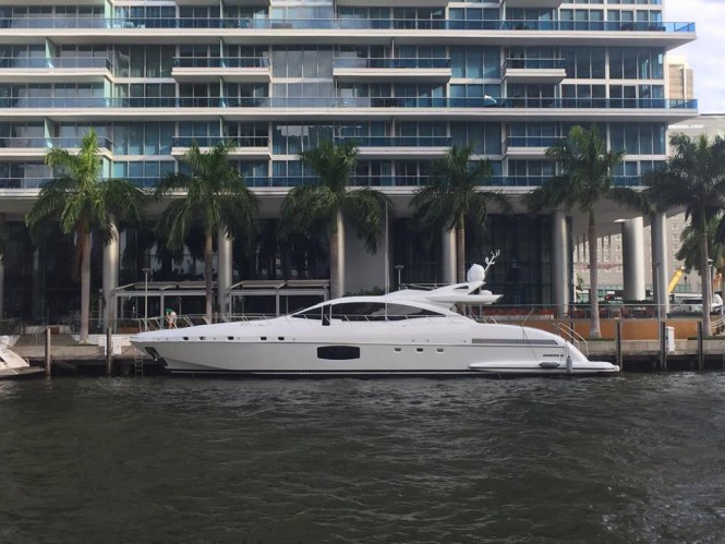 All-new Mangusta 94 Yacht Hull no. 3 in Miami, Florida - Image credit to Overmarine Group Mangusta