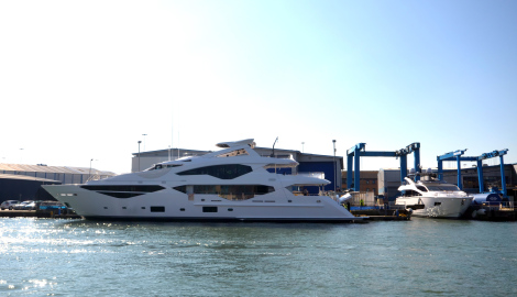 First Sunseeker 131 Yacht on the water at the Sunseeker shipyard in Poole, Dorset, UK