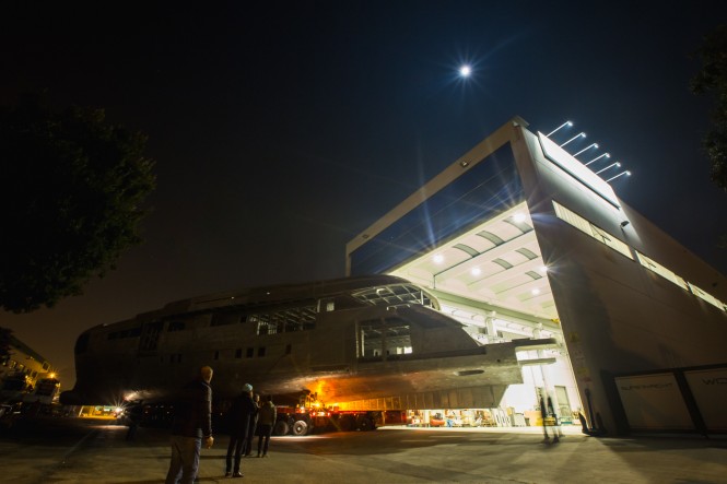 Motor yacht CECILIA entering her shed