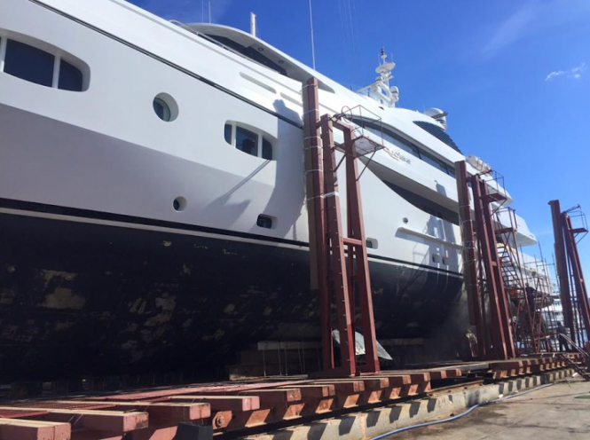55m superyacht TURQUOISE at Port Denia Shipyard being prepared for her next superyacht charter season