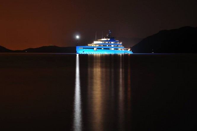 Feadship Mega Yacht SAVANNAH (hull 686) at night in the beautiful Gocek yacht holiday location - Photo by Mustafa Ozdemir and Feadship Fanclub
