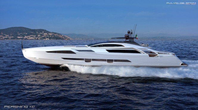 Luxury motor yacht Pershing 140 at full speed