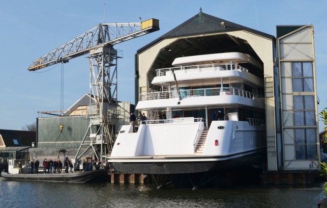 Luxury yacht JUST Js leaving her shed