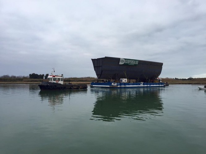 One of the FB277 hull sections being transported by barge to the Benetti shipyard - Image by Mec-Carpensalda Livorno