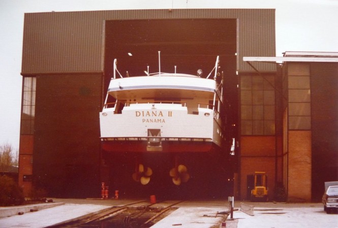 1979 Kingdom Come (ex Diana II) leaving her shed to be launched - Photo by Feadship Fanclub