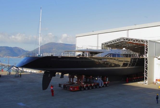 70m SYBARIS being rolled out of shed at Perini Navi
