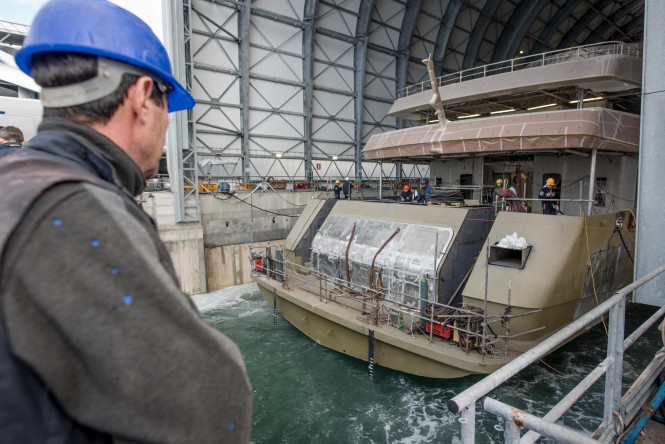 Intermediate floating and inclination test to verify hydrostatic values of the now 91.5m vessel (Amico & Co:Freaklance)