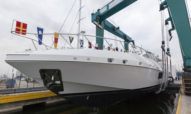 Mangusta 94 hull number 04 at the launch - Archivio Overmarine Group / Emilio Bianchi