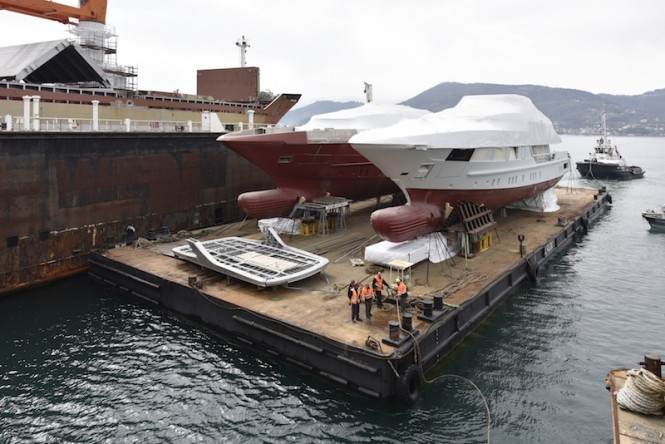 Two 52m steel superyachts being moved to La Spezia by Sanlorenzo