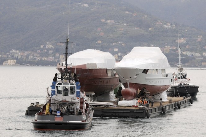 two 52STEEL superyachts being moved to La Spezia by Sanlorenzo