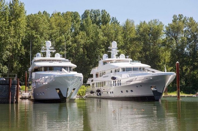 Motor yacht CHASSEUR (right) beside sister yacht SILVER LINING launched less than a week earlier from the same shipyard.