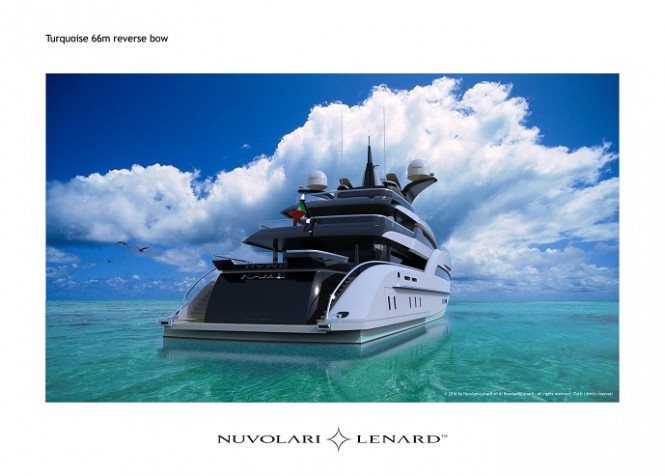 Aft view including beach club of new Nuvolari Lenard design for Turquoise Yachts
