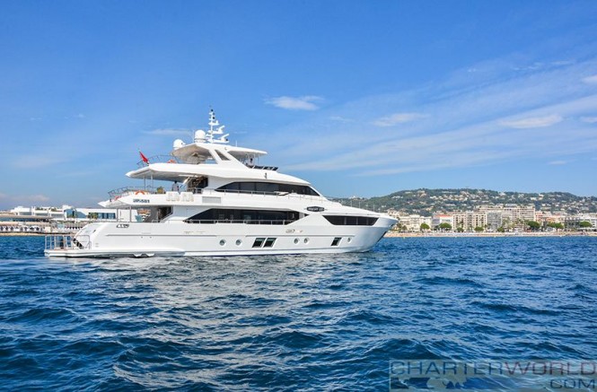 Gulf Craft's Newest Tri-deck Majesty 110 entering the Cannes Port for the Cannes Yachting Festival