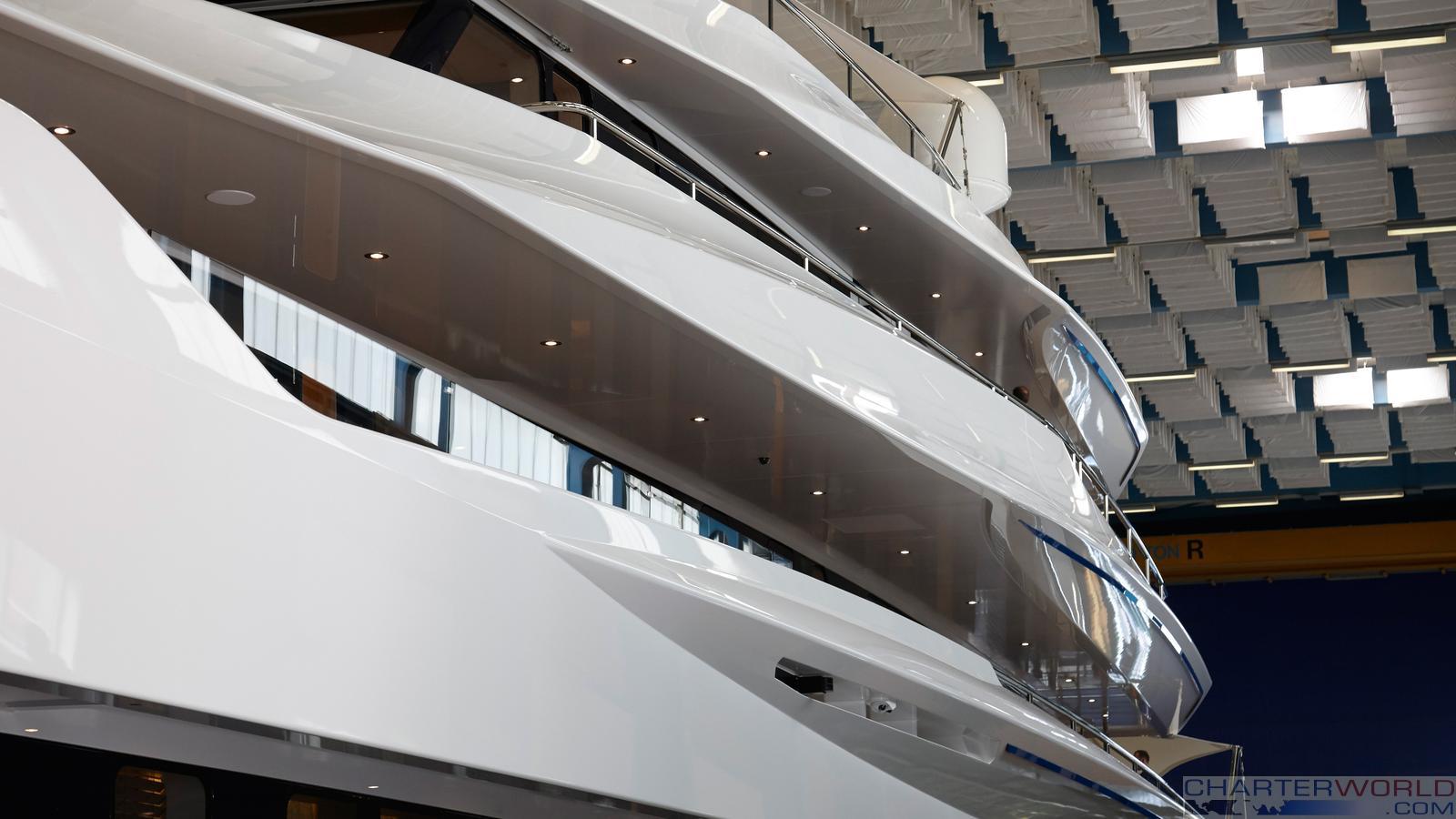 Yacht Joy side detail before launch at Feadship — Yacht Charter