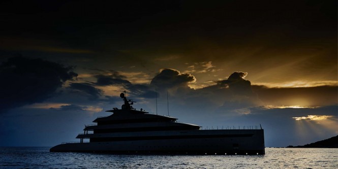 Motor yacht Savannah in the evening with tropical sunset - image is copyright Feadship