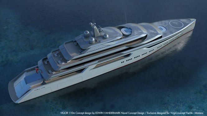 110m explorer yacht VIGOR concept from above. Image credit: Virgin Concept Yachts Monaco