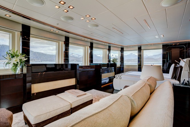 VIP stateroom and private lounge area aboard luxury yacht PARTY GIRL