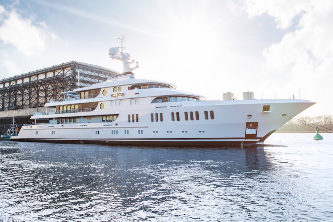 74m Mega Yacht AURORA - Project GATSBY - hits water at Lurssen shipyard in Germany - Photo credit to Lurssen