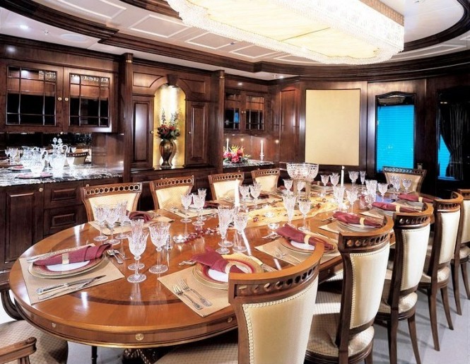 Celebrate a special occasion in the lavish formal dining room aboard luxury yacht MUSTIQUE