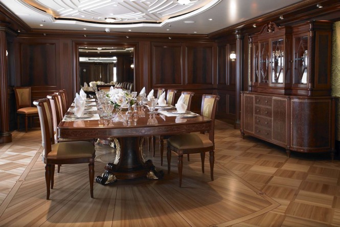 Luxury yacht ANNA formal dining room - Photo credit Feadship