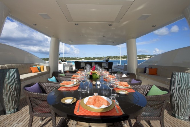 Superyacht DENIKI - Alfresco dining with bar, barbeque and drop-down flatscreen TV