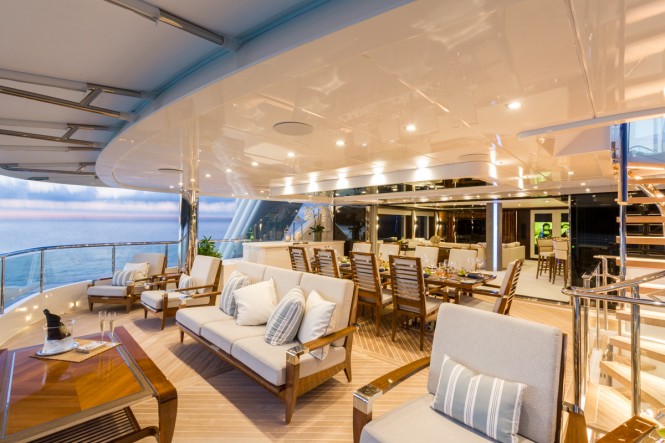 Upper aft deck alfresco dining aboard superyacht KING BABY