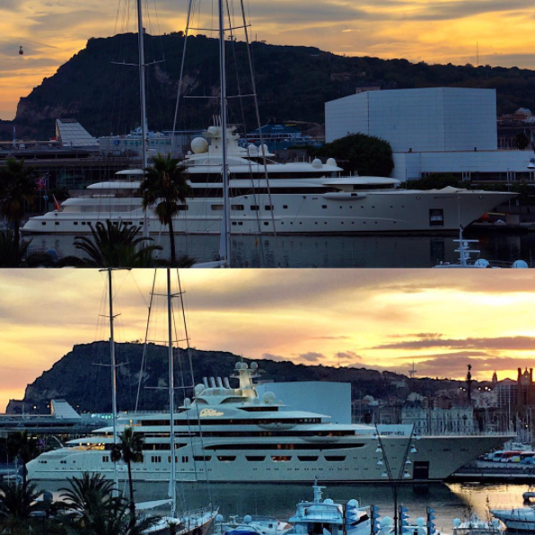 Dilbar in Port Vell, Barcelona, Spain. Photo credit yachts_in_bcn 