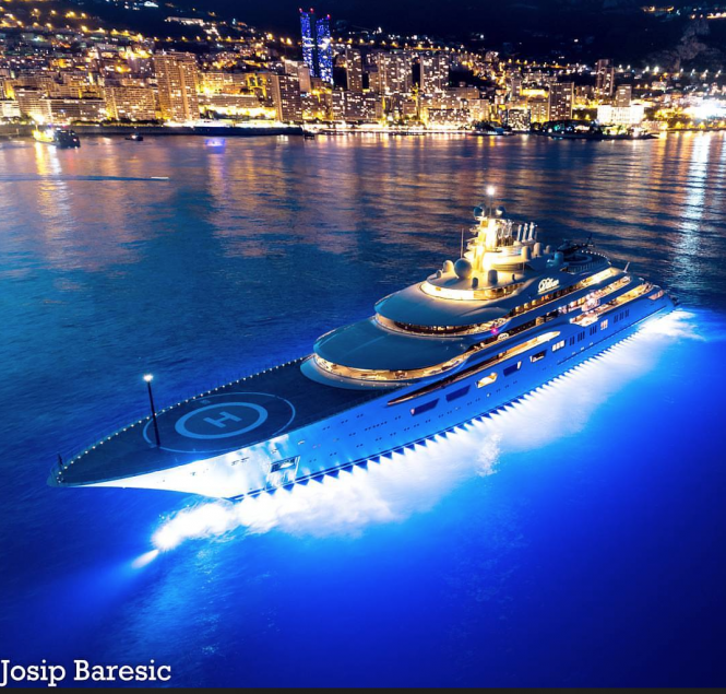 Front view of Dilbar at night in Monaco. Photo credit @j_b_photography__