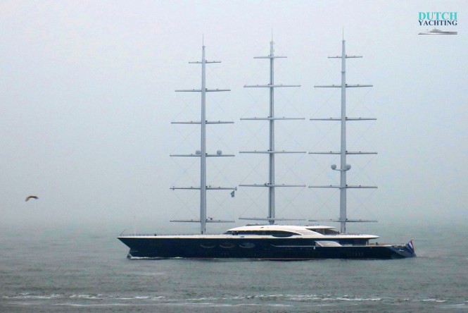 The 106m sailing yacht Black Pearl left Rotterdam on a cold and misty morning for a shakedown cruise on the North Sea. Photo- ©Dutch Yachting