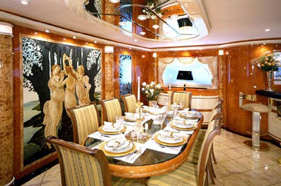 Formal dining aboard motor yacht WHEELS