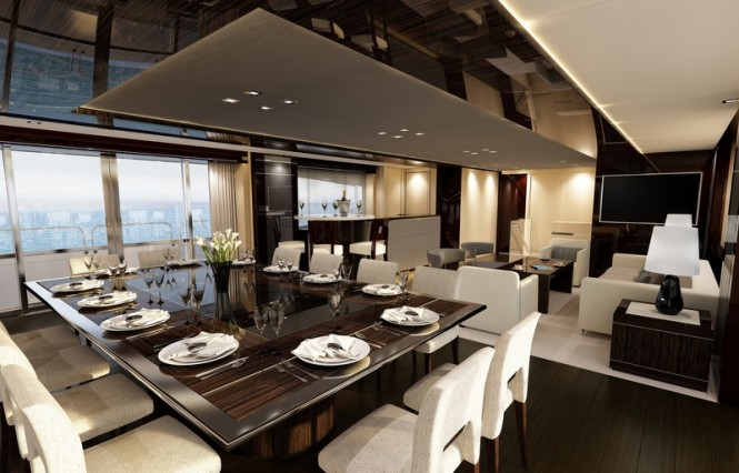 Main salon and formal dining area aboard luxury yacht BLUSH