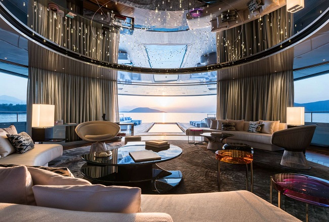 Mega yacht SAVANNAH - Main salon. Photo credit: Jeff Brown
