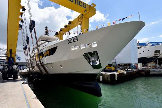 Motor yacht SIM SIM, the 14th SD1226 hull, being launched at Sanlorenzo's Viareggio shipyard