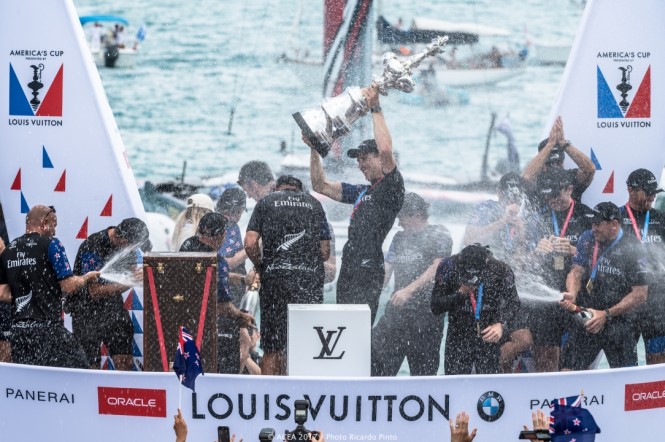 Celebrations for Emirates Team New Zealand after winning the world's oldest international sports trophy - the America's Cup. Photo credit Ricardo Pinto