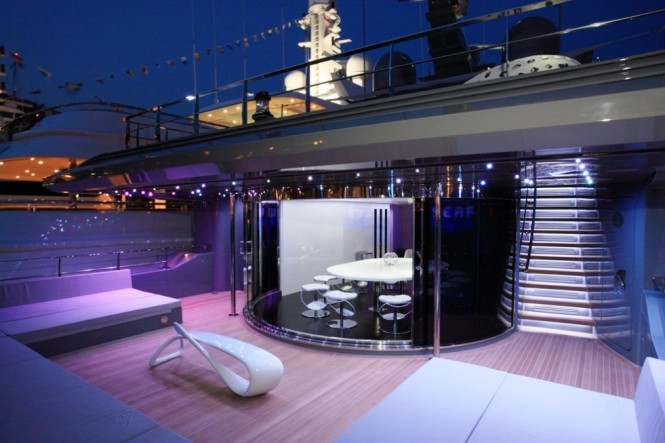 Luxury yacht SEA FORCE ONE - The upper aft deck is just as beautiful at night