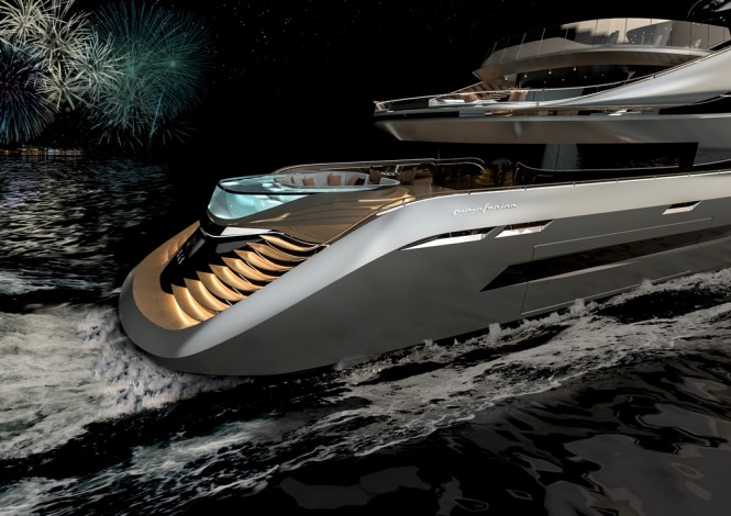 Stern view of luxury yacht AUREA concept with the largest beach club in her size range