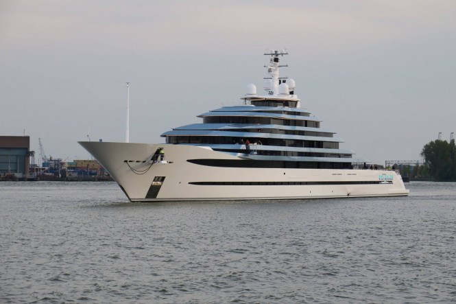 Superyacht Jubilee returns from sea trials. Rotterdam. Photo credit Dutch Yachting