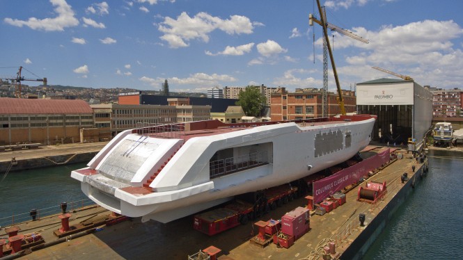 Columbus Yachts's 80m mega yacht leaving the Naples shipyard