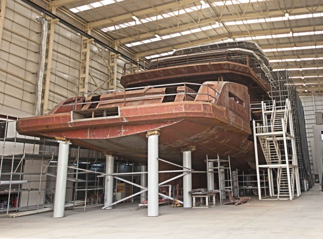 Explorer yacht DAYS under construction at the AES Yachts shipyard
