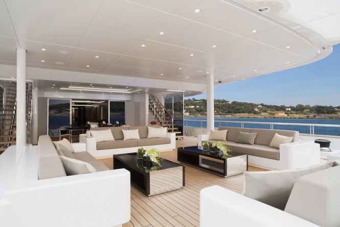 Motor yacht MOGAMBO - Main deck aft lounging and dining. Photo credit - Bruce Thomas
