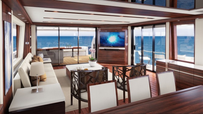 Hatteras 90 superyacht line - Main salon and formal dining area with view of main deck aft and side balcony