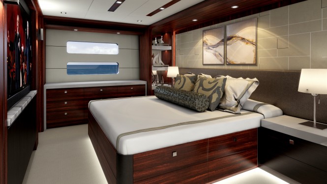 Master suite aboard the Hatteras 90 line