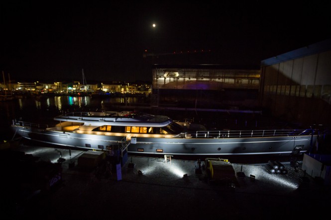 Perini Navi sailing yacht SEVEN at night