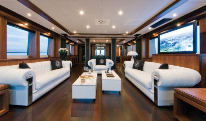 The salon and formal dining area aboard open yacht BLACK AND WHITE