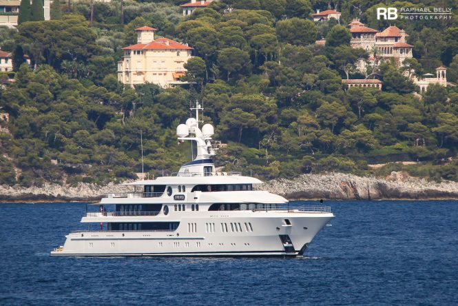 74m Lurssen superyacht AURORA on her way to the Monaco Yacht Show. Image credit Raphael Belly