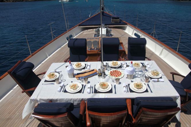 Alfresco dining on the bow of Superyacht ALEXA