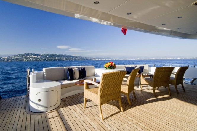 Alfresco dining on the main deck aft of luxury yacht KIJO