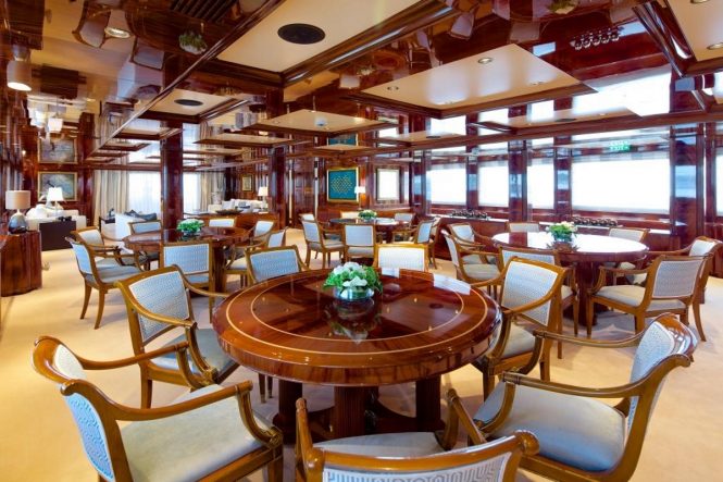 Formal dining room aboard motor yacht O'MEGA