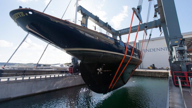 Luxury schooner MARIETTE OF 1915 at the Pendennis shipyard in Falmouth, UK